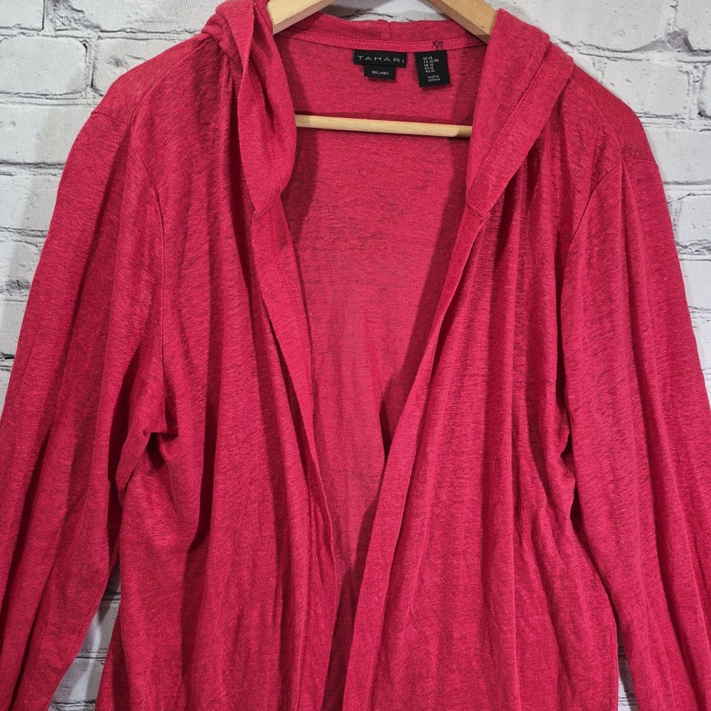 Tahari Women Sweater XL Red 100% Linen Hooded Cardigan Long Sleeve Open Front - Picture 2 of 9